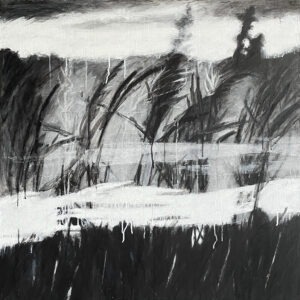 Graminée 100x100-Fusain, encre Chine, acrylique sur toile 2025