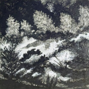 Par les forêts 100x100-Fusain, encre Chine, acrylique sur toile 2025