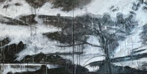 Par les horizons 50x100 Fusain, encre Chine, acrylique sur toile 2025