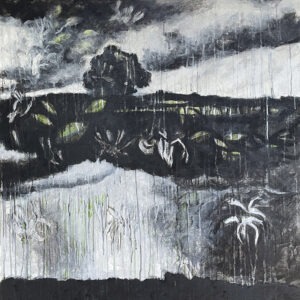 Par les plaines 100x100-Fusain, encre Chine, acrylique sur toile 2025